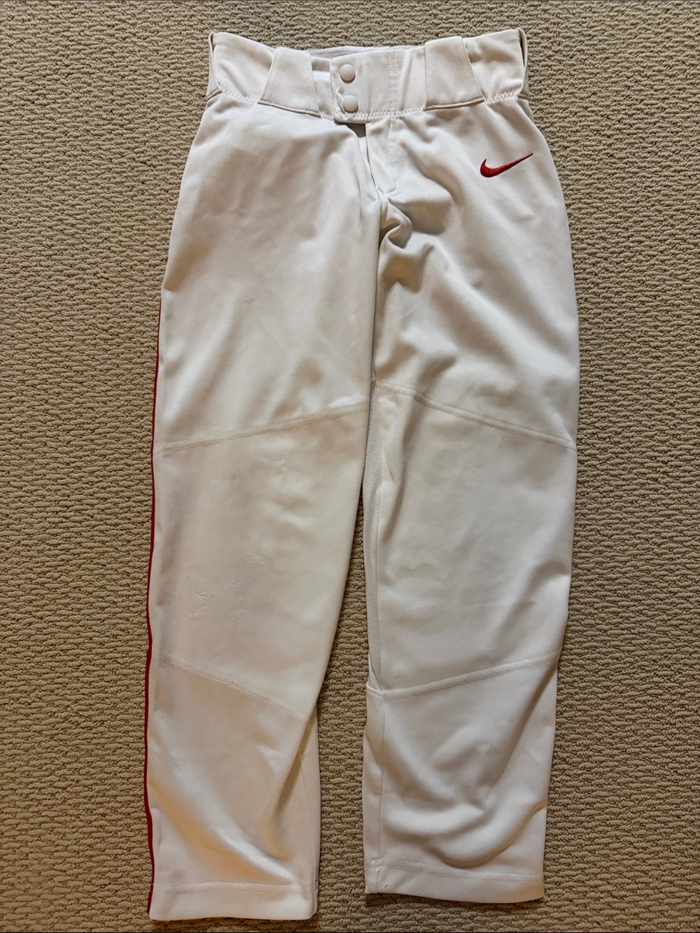 Nike Kids White Baseball Pants with Red Swoosh and Pinstripe